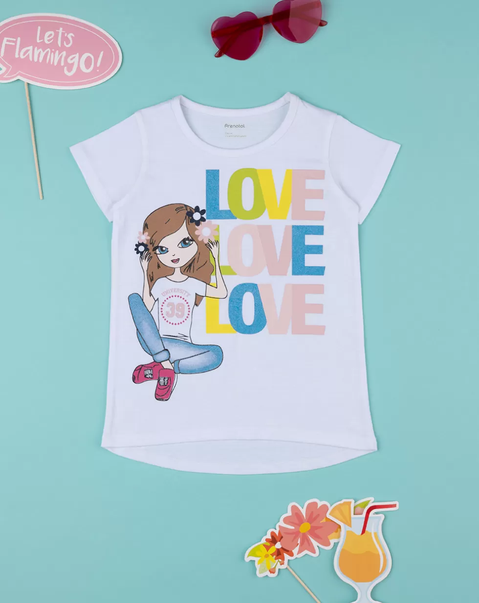 T-Shirt Bambina Bianca Con Stampa Big Size-Prenatal Sale